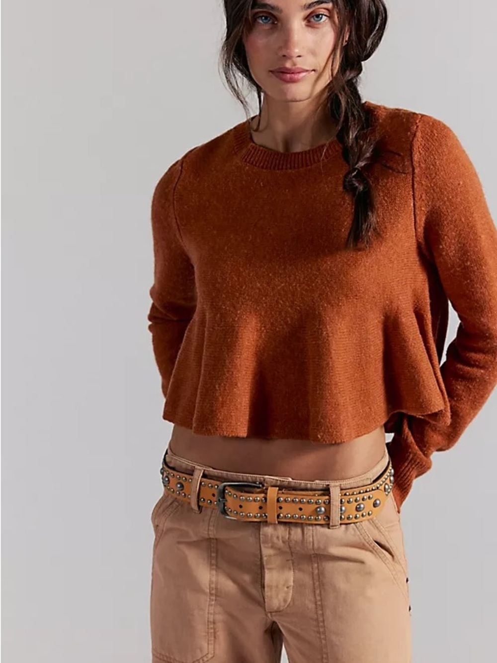 NWT new medium free people soft spun babydoll sweater Cropped Rust Peplum orange